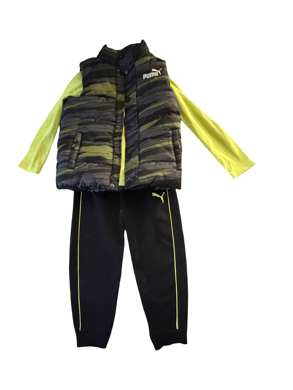 Puma 4T Chartreuse, Gray & Black Puffer Vest, Long Tee & Sweats 3 Piece Set NWOT